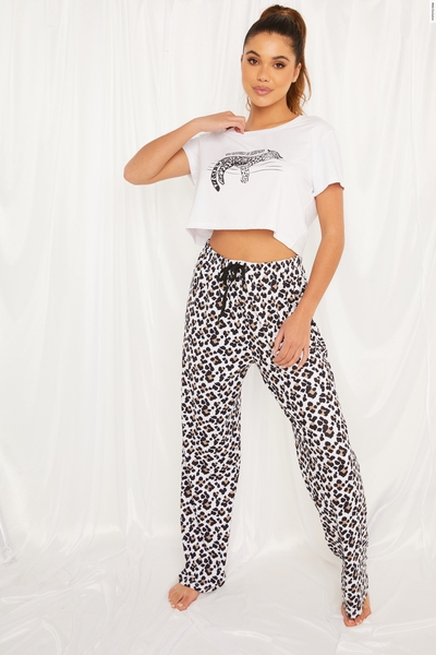 White Leopard Print Long Pyjama Set